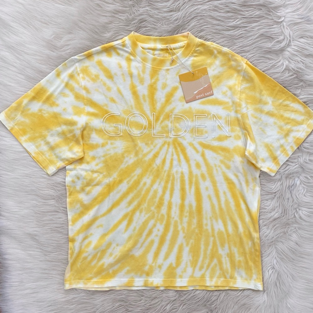 Post Surf Yellow White Tie Dye GOLDEN Embroidered Spell Out Oversized Tee Shirt